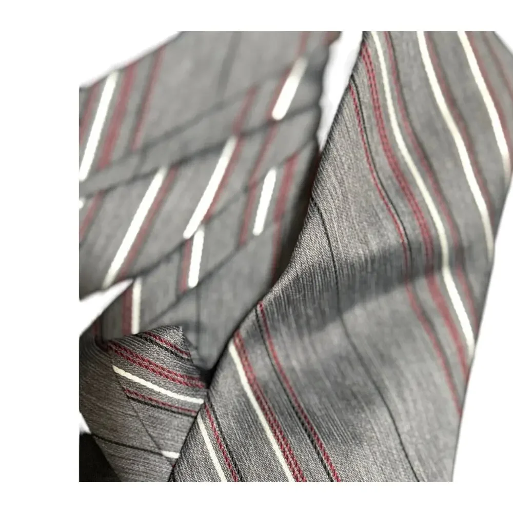 Vintage Adolfo Men's Gray and Red Striped Necktie